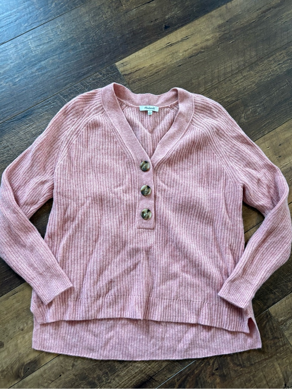 Madewell Women’s Rose Pink Ribbed Lyle V-Neck Button Pullover Sweater